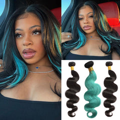 #1B&Teal(Deep blue-green hair color) Peekaboo Highlight Hair Bundles Colored Human Hair Body Wave 13A