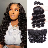 VIPbeauty Loose Wave Bundles With 13x4 Lace Frontal Unprocessed Human Hair Extensions