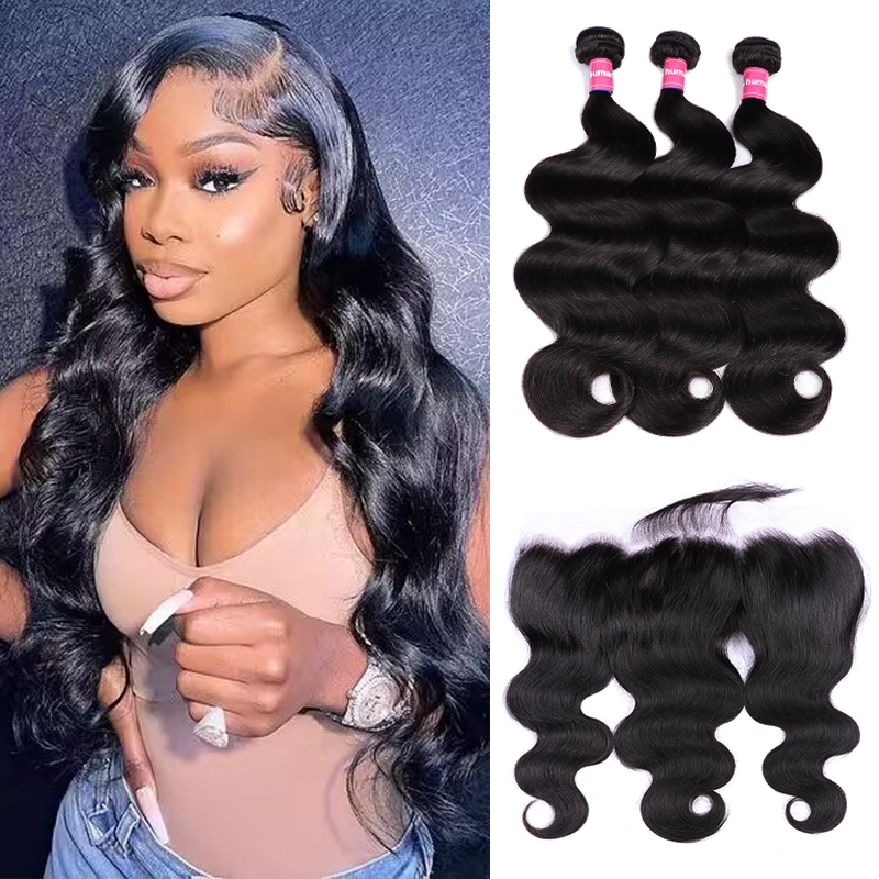 VIPbeauty Body Wave Bundles With 13x4 Lace Frontal Unprocessed Human Hair Extensions