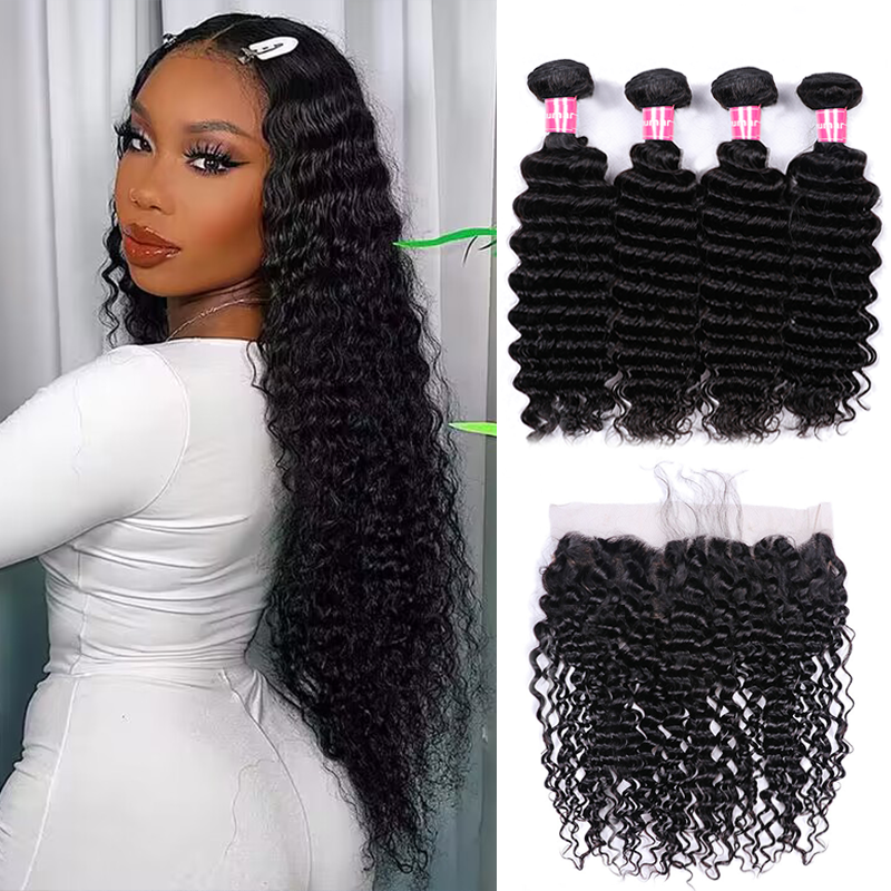 VIPbeauty Deep Wave Bundles With 13x4 Lace Frontal Unprocessed Human Hair Extensions