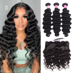 VIPbeauty Loose Deep Wave Bundles With 13x4 Lace Frontal Unprocessed Human Hair Extensions