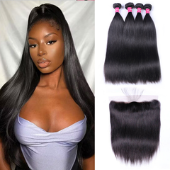 VIPbeauty Straight Hair Bundles With 13x4 Lace Frontal Unprocessed Human Hair Extensions
