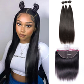 VIPbeauty Straight Human Hair Bundles With 13x6 Lace Frontal Virgin Hair Extensions