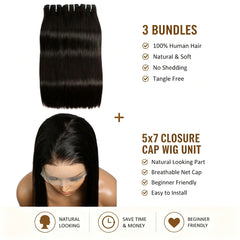 VIPbeauty Straight 5X7 Lace Closure Cap Unit With Hair Bundles For Full Sew In Extension