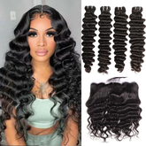 VIPbeauty Loose Deep Wave Bundles With 13x4 Lace Frontal Unprocessed Human Hair Extensions