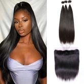 VIPbeauty Straight Hair Bundles With 13x4 Lace Frontal Unprocessed Human Hair Extensions