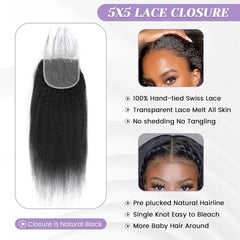 VIPbeauty 10A Grade Yaki Straight Human Hair Bundles With 5x5 Lace Closure