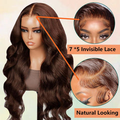 VIPbeauty 7x5 Wear Go Glueless Wigs Chocolate Brown Body Wave Bleached Knots Lace Frontal Wig