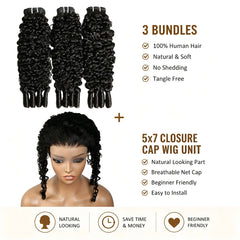 VIPbeauty Burmese Curly 5X7 Lace Closure Cap Unit + Hair Bundles For Full Sew In