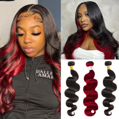 #1B&Red Peekaboo Highlight Hair Bundles Colored Human Hair Body Wave 13A