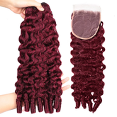 VIPbeauty #99J Burgundy Burmese Curly 3 Bundle With Lace Closure Human Hair Twist Out Ends