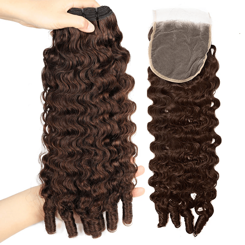 VIPbeauty #4 Brown Burmese Curly 3 Bundles With Lace Closure Unprocessed Virgin Human Hair Extensions