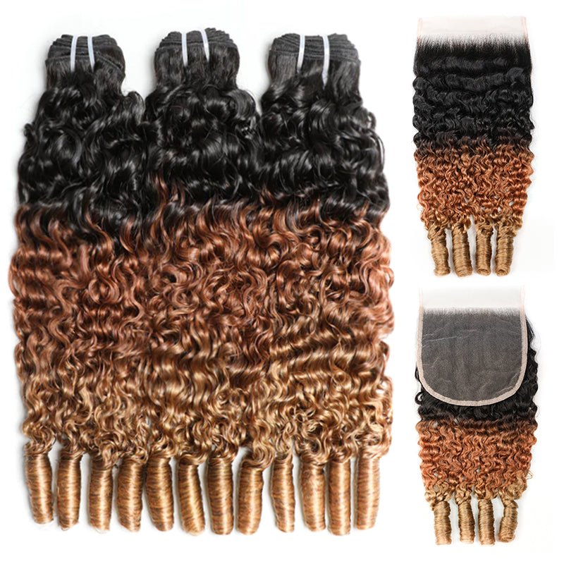 VIPbeauty Burmese Curly 3 Bundles With Lace Closure T1B/30/27 Ombre Human Hair Extensions