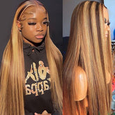 VIPbeauty Honey Blonde With Brown Highlight Straight 5x5 Closure Wigs 100% Virgin Human Hair
