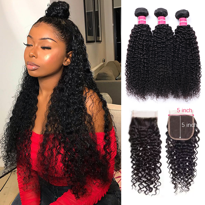 VIPbeauty Curly Wave Human Hair Bundles With 5x5 Lace Closure