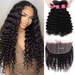 VIPbeauty Deep Wave Bundles With 13x6 Lace Frontal Human Hair Extensions