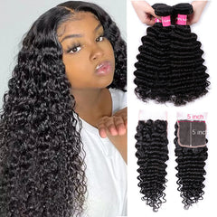 VIPbeauty Deep Wave Human Hair Bundles With 5x5 Lace Closure