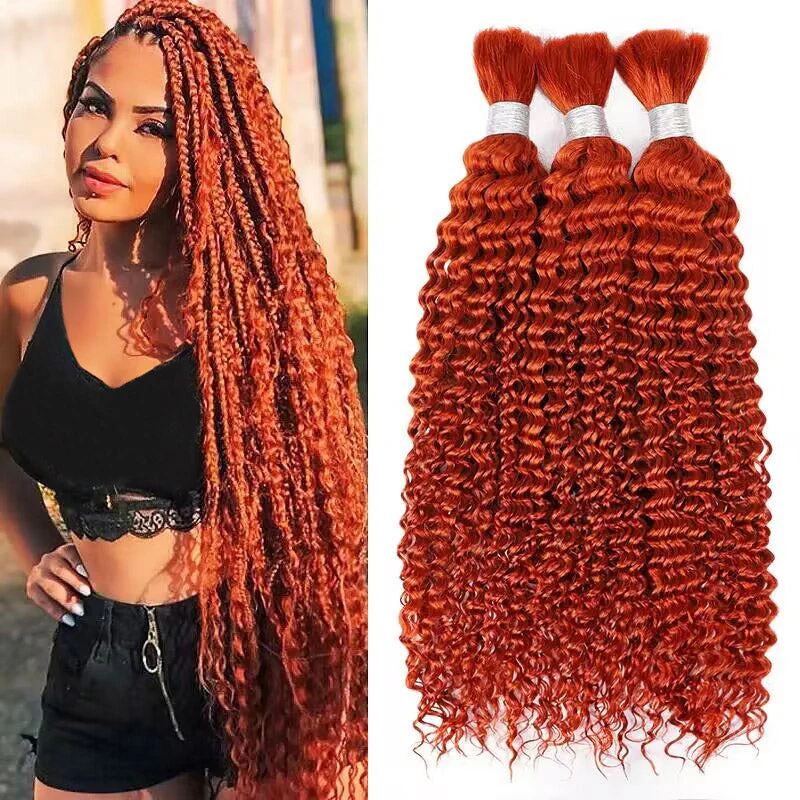 VIPbeauty Curly Wave Ginger Orange Bulk Human Hair Knotless Boho Braids No Weft Extensions