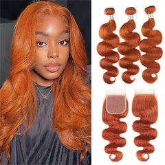 VIPbeauty Ginger Orange 3 Bundles With 4x4 Lace Closure Body Wave/Straight Human Hair Bundles