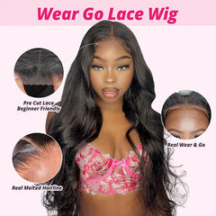 VIPbeauty Body Wave Glueless Wig Pre Cut 5x5 Lace Closure Wear Go Wigs Bleached Knots