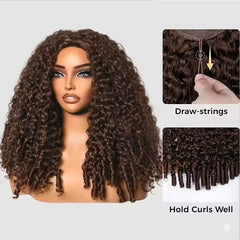 VIPbeauty Chocolate Brown Burmese Curly Wear Go Half Wig With Drawstring Human Hair Wigs