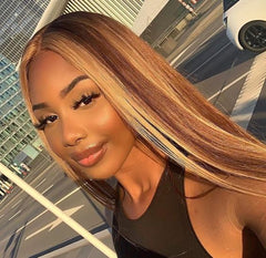 VIPbeauty Honey Blonde With Brown Highlight Straight 5x5 Closure Wigs 100% Virgin Human Hair