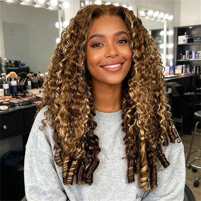 VIPbeauty P4/27 Burmese Curly 3 In 1 Half Wig Flip Over Invisi Drawstring Highlight Brown Color