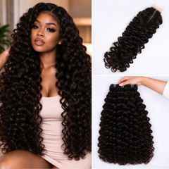 VIPbeauty Indian Curly Human Hair Bundles With 2x6 Lace Closure Top Grade