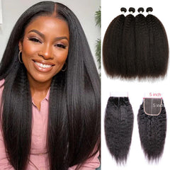 VIPbeauty Kinky Straight Human Hair Bundles With 5x5 Lace Closure