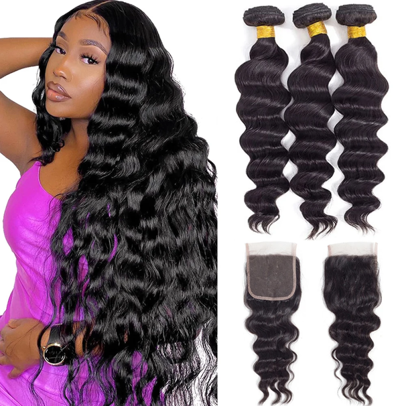 VIPbeauty Loose Deep Wave Human Hair Bundles With 5x5 Lace Closure