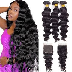 VIPbeauty Loose Deep Wave Human Hair Bundles With 5x5 Lace Closure