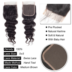 VIPbeauty Loose Deep Wave Human Hair Bundles With 5x5 Lace Closure