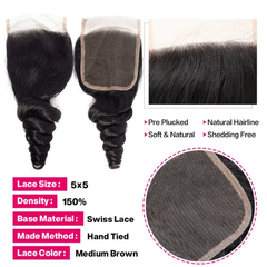 VIPbeauty Loose Wave Human Hair Bundles With 5x5 Lace Closure