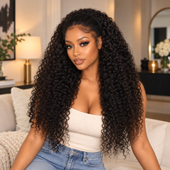 VIPbeauty Shaggy Curly Natural Black Color Wear Go Half Wig With Drawstring Human Hair Wigs