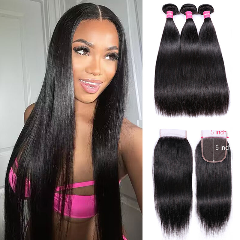 VIPbeauty Straight Human Hair Bundles With 5x5 Lace Closure
