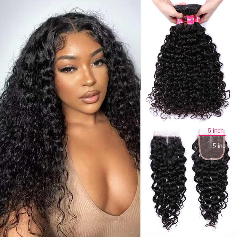 VIPbeauty Water Wave Human Hair Bundles With 5x5 Lace Closure