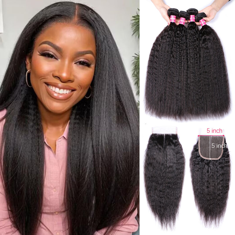 VIPbeauty Kinky Straight Human Hair Bundles With 5x5 Lace Closure