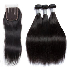 Brazilian Virgin Remy Straight Human Hair 3 Bundles With Lace Closure