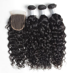 Wet And Wavy Malaysian Water Wave Virgin Hair 3 Bundles With 4x4 Lace Closure Human Hair