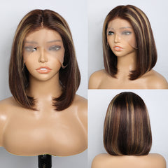 VIPbeauty Piano Highlight Color Blunt Cut Bob Wig T Part Lace Front Wig 100% Human Hair