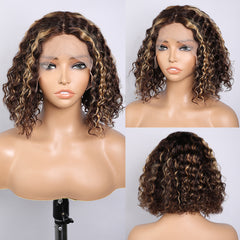 VIPbeauty Piano Highlight Color Blunt Cut Bob Wig T Part Lace Front Wig 100% Human Hair