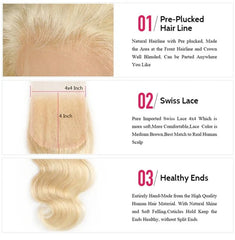 VIPbeauty Blonde 4x4 Lace Closure Virgin Hair Body Wave Human Hair 1 PC