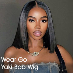 VIPbeauty 2x6 Bob Glueless Yaki Straight HD Transparent Lace Closure 200% Density Wig 100% Human Hair