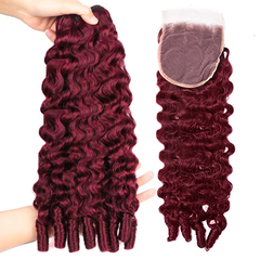VIPbeauty #99J Burgundy Burmese Curly 3 Bundle With Lace Closure Human Hair Twist Out Ends