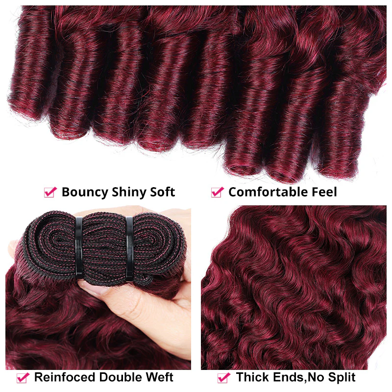 VIPbeauty #99J Burgundy Burmese Curly 3 Bundle With Lace Closure Human Hair Twist Out Ends
