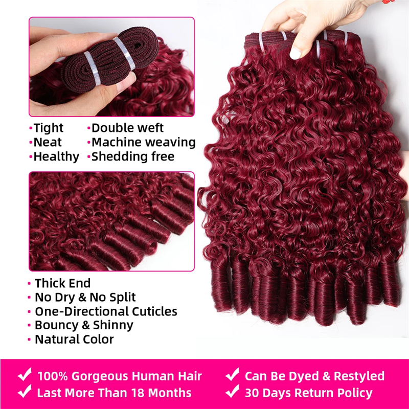 VIPbeauty 99J Burgundy Burmese Curly Hair Bundles Brazilian Human Hair Extensions