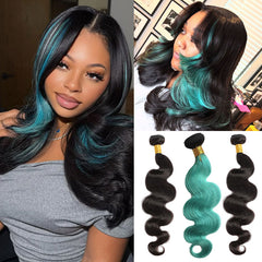 #1B&Teal(Deep blue-green hair color) Peekaboo Highlight Hair Bundles Colored Human Hair Body Wave 13A