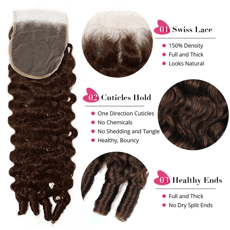 VIPbeauty #4 Brown Burmese Curly 3 Bundles With Lace Closure Unprocessed Virgin Human Hair Extensions