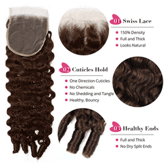VIPbeauty #4 Brown Burmese Curly 3 Bundles With Lace Closure Unprocessed Virgin Human Hair Extensions
