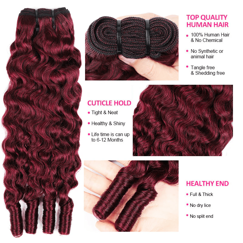 VIPbeauty #99J Burgundy Burmese Curly 3 Bundle With Lace Closure Human Hair Twist Out Ends